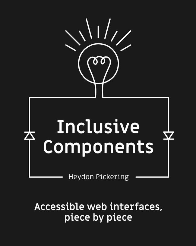 'Inclusive Components', framed by a electrical circuit illutstration that illuminates a light bulb. Subtitle: Accessible web interfaces, piece by piece. The author is Heydon Pickering.